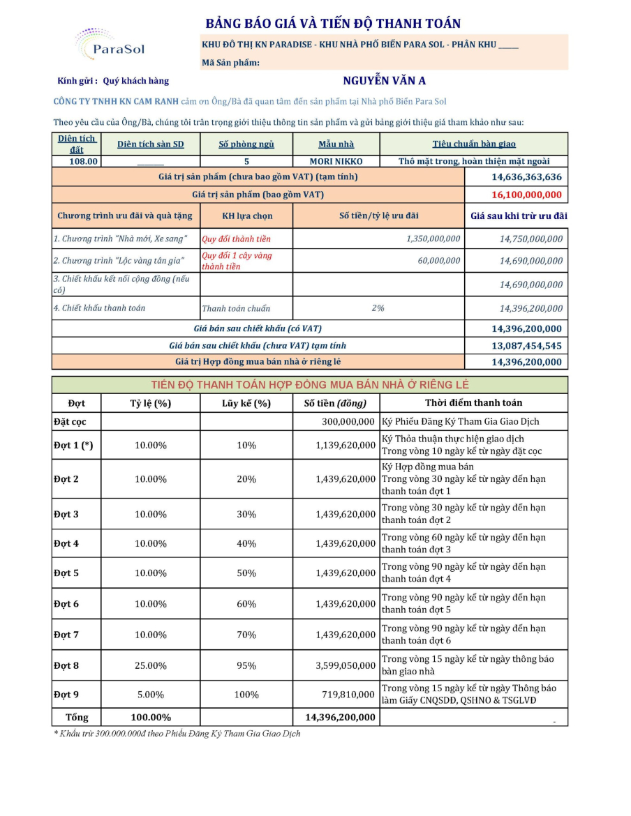 tiến độ thanh toán ParaSol Cam Ranh